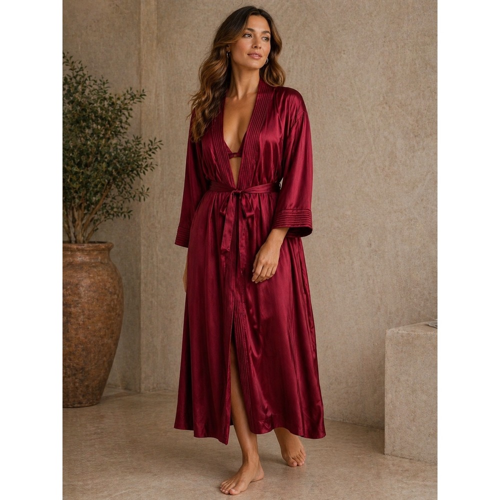 Vintage Burgundy Robe Satin Long Wrap  Pleated Trim Wine Red Lingerie Small
